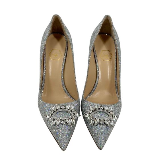 NWOB Nalebe by Amina Means Lirum Silver Glitter Embellished Pointed Toe Heels - Picture 3 of 9